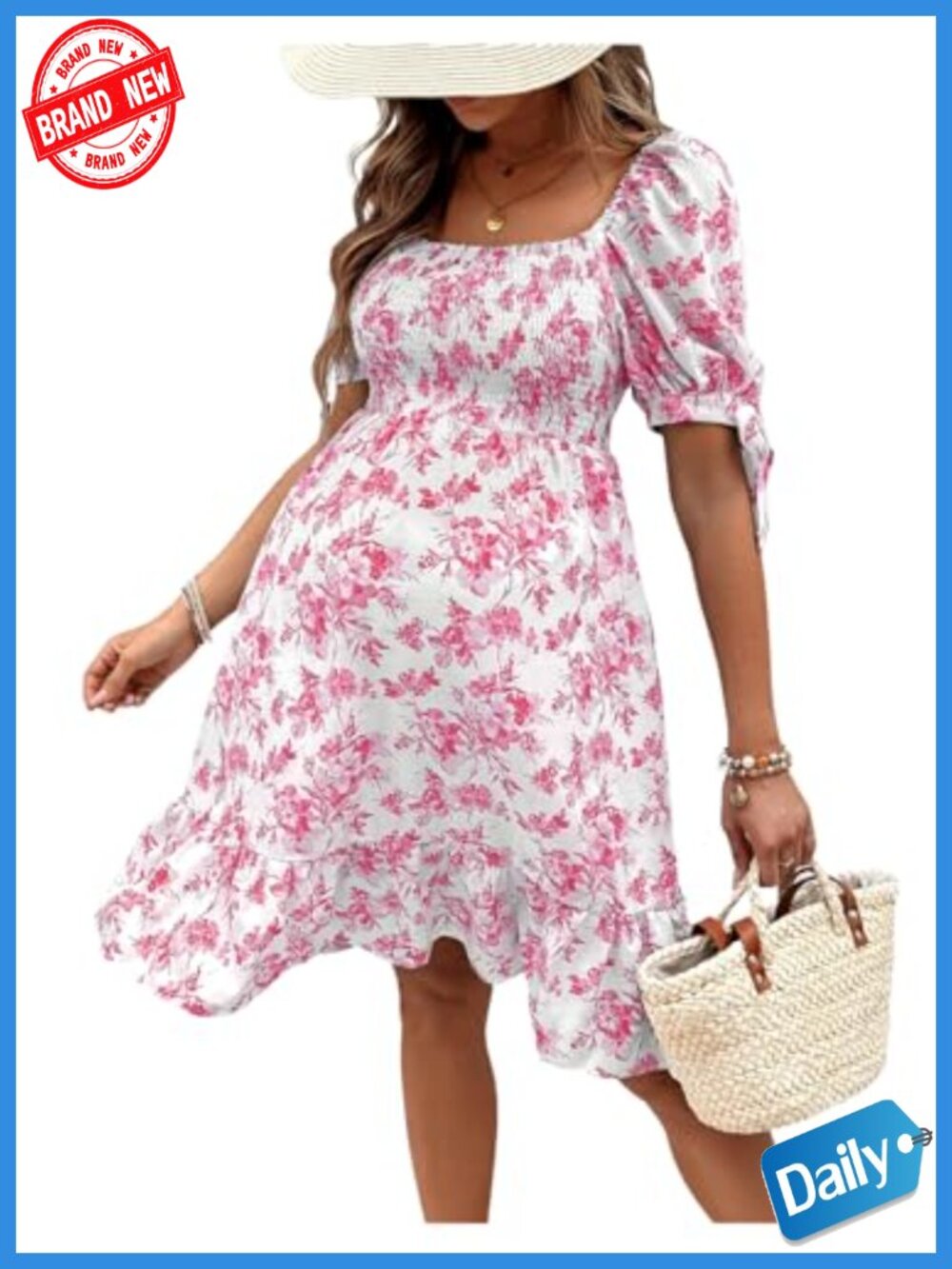 Maternity Floral Smocked Mini Dress, Puff Sleeve, Square Neck Tie Back, Boho